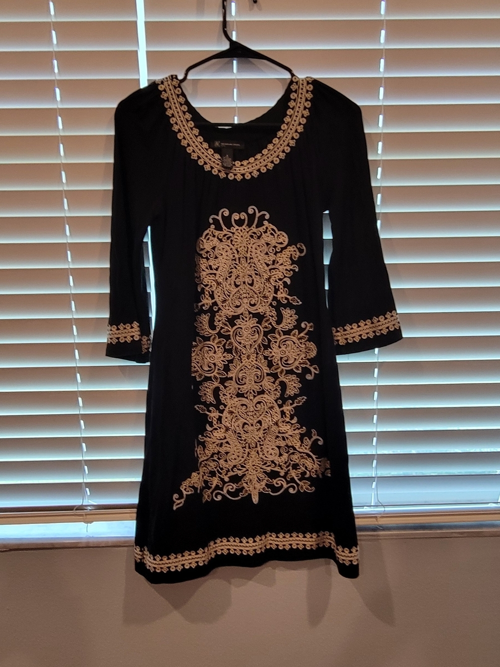 INC International Concepts Black Dress with Cream Embroidery - Long Sleeve Tunic